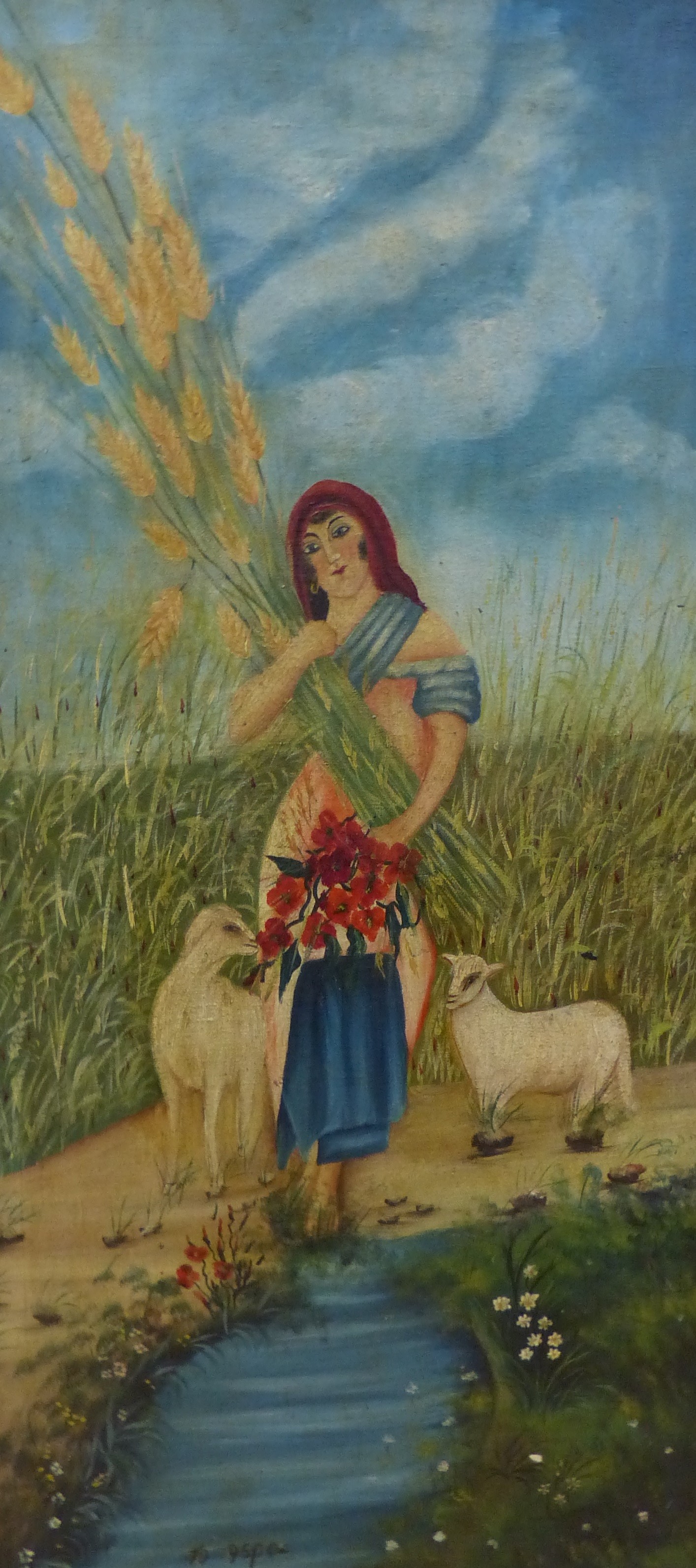 Continental School, oil on canvas, Shepherdess holding corn sheaths in a landscape, inscribed below, 97 x 45cm